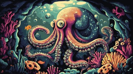 Fototapeta premium A vibrant octopus with large eyes peeks out from a coral reef cave.