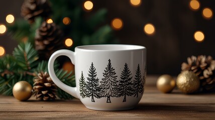 Christmas mug mockup featuring a white ceramic mug with a Christmas tree design, surrounded by festive pinecones and decorations. Ideal for showcasing holiday-themed drinkware designs.
