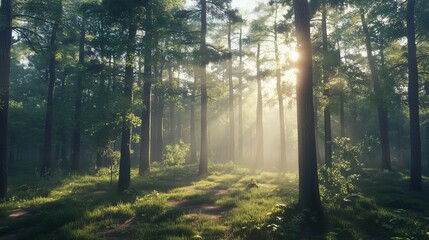 Fototapeta premium Deep forest with green tree, grass and sun light with shadow