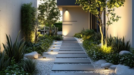 Obraz premium A modern, minimalist walkway with stepping stones, ground cover plants, and hidden lighting