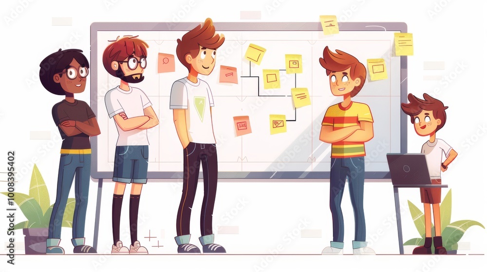 Poster a software development team collaborating on a project, with sticky notes, laptops, and a whiteboard