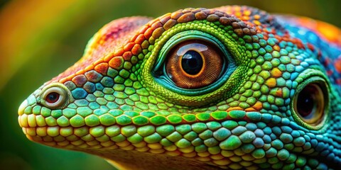 Obraz premium Close-up of a vibrant lizard face showcasing intricate textures and vivid colors in nature