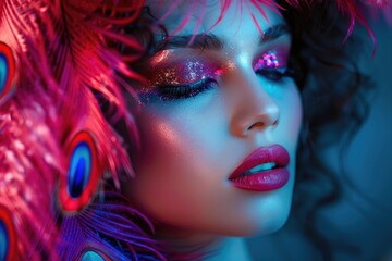 Naklejka premium Vibrant Glamour: Close-Up of Woman with Sparkling Makeup and Colorful Feather Accessory