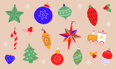 Set of vector Vintage christmas balls. Xmas ornaments isolated. December decoration designs in old retro style. Winter holiday adornment, tree decor, toys, ball,holly berry. Vector illustration EPS 10