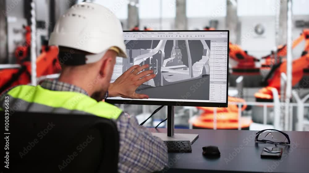 Poster industry engineer using desktop pc computer