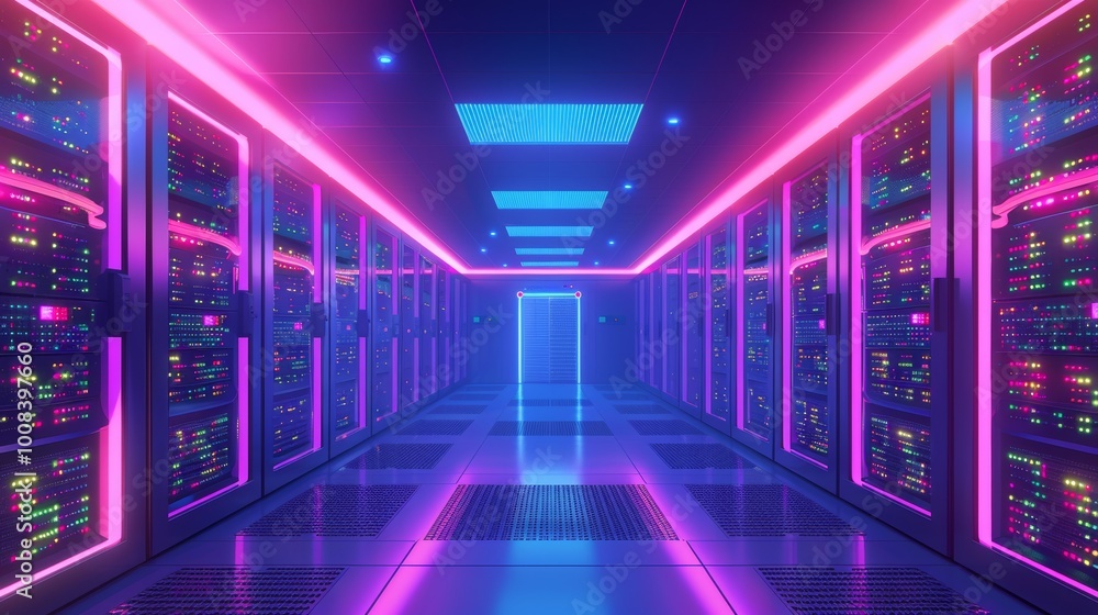 Poster a data center with rows of server racks, blinking lights, and cooling systems, illustrating the infr