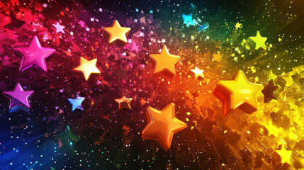 vibrant display of 3D rainbow colored stars radiates joy and energy, creating mesmerizing explosion of colors against dark background