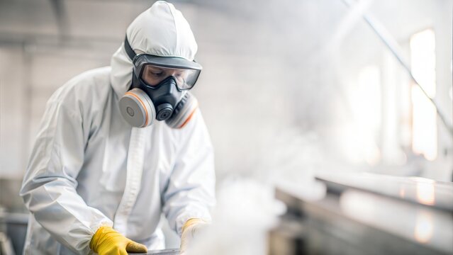 Industrial Worker Handling Asbestos in Protective Suit and Respirator






