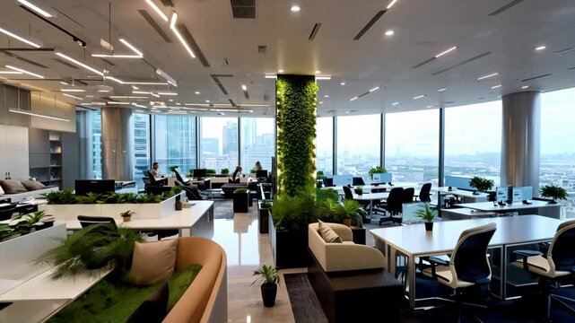 A sleek, open-plan modern office with large windows allowing natural light, featuring ergonomic desks, collaborative workstations, and greenery. The image highlights a productive and aesthetically ple