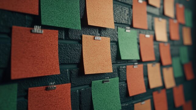 Colorful sticky notes on a dark wall for brainstorming or organization.