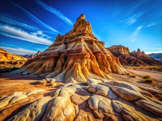 Close-Up of Textured Rock Formation in a Vast Desert Landscape under Clear Blue Sky During Daylight