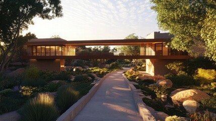 Obraz premium A modern, minimalist bridge connecting two sections of a house over a landscaped garden