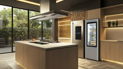 A modern, minimalist kitchen with a smart refrigerator, an island with an integrated cooktop, and a ceiling-mounted extractor
