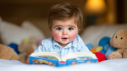 A Curious Toddler Exploring a Colorful Storybook Among Plush Toys in a Cozy Indoor Setting