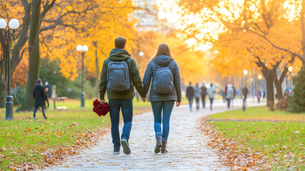 Obraz premium Couple Walking Hand in Hand in a Park During Autumn With Vibrant Foliage and Warm Sunlight in the Late Afternoon