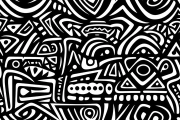 black and white seamless tribal pattern, geometric african ethnic doodle design