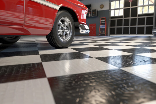Rev&ecirc;tement de sol de garage en damier noir et blanc avec une voiture rouge classique gar&eacute;e, refl&eacute;tant un style r&eacute;tro et &eacute;l&eacute;gant