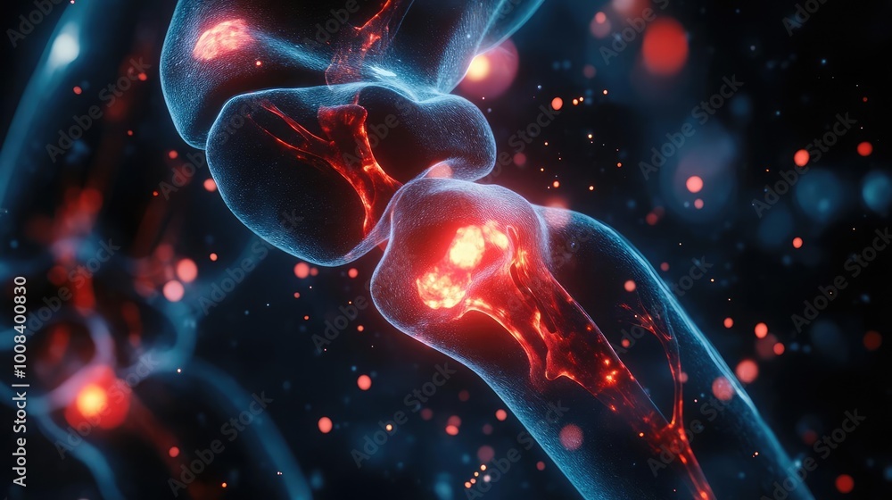 Poster close-up of a glowing joint structure showcasing cellular activity and vibrant colors, suitable for 