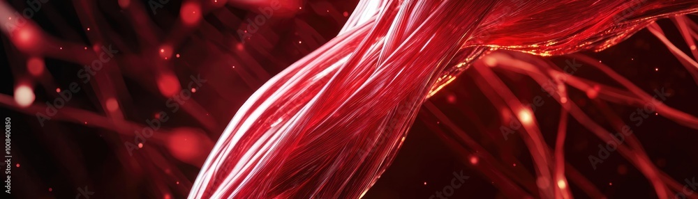 Poster a close-up view of muscular tissue showcasing intricate red fibers and textures, representing streng