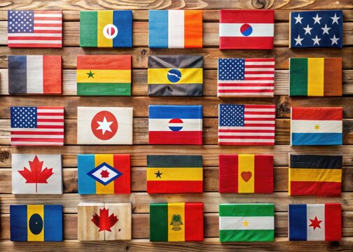 Collection of National Flags Displayed with Names on a Wooden Background for Educational Purposes