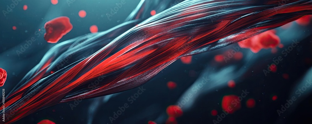 Poster a mesmerizing depiction of abstract red strands, intertwining with dark shades, evoking a sense of m