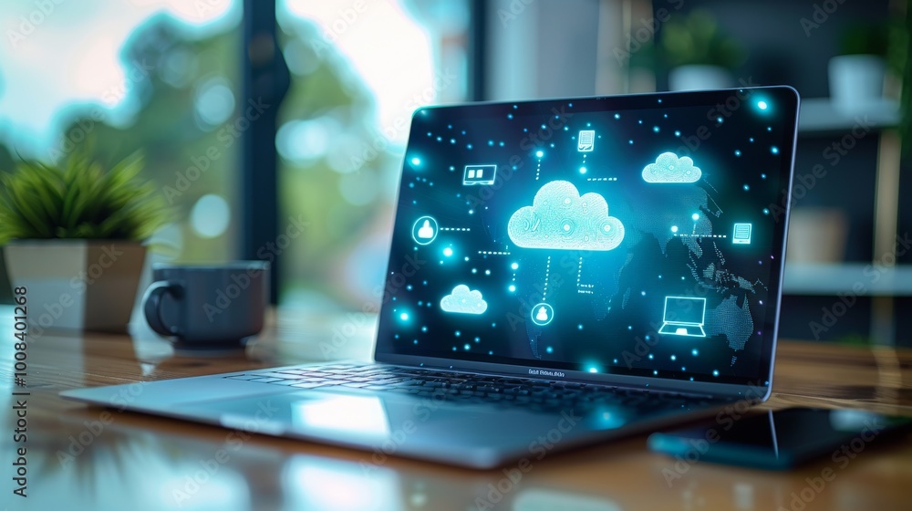 Aufkleber close-up of a smartphone and tablet on a desk, with icons for cloud computing and data synchronizati