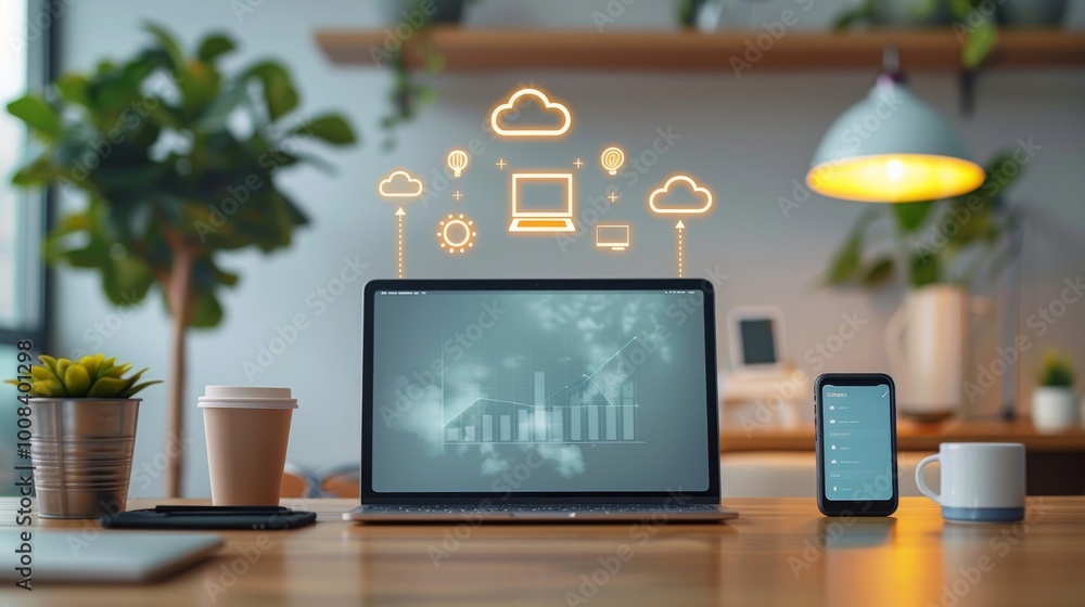Aufkleber close-up of a smartphone and tablet on a desk, with icons for cloud computing and data synchronizati