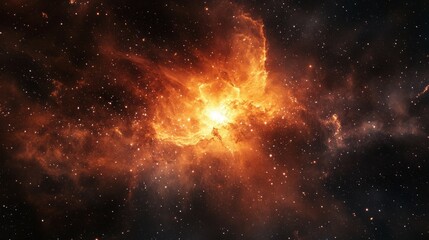 A vibrant nebula glows with fiery orange hues in the vast expanse of space.