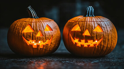 Fototapeta premium Two Carved Jack-O'-Lanterns With Glowing Faces Sit Side by Side on a Dark Surface, Celebrating Halloween Festivities