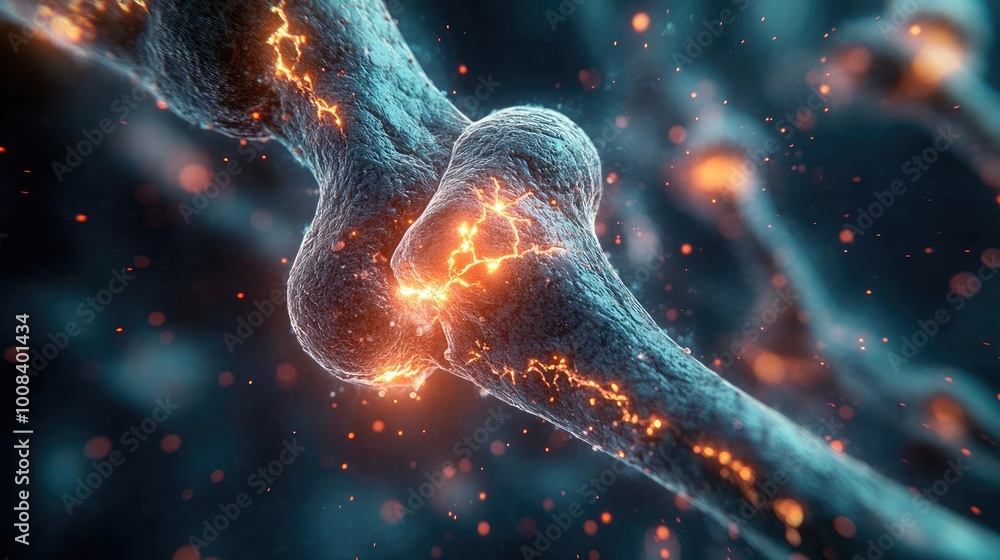 Poster Detailed microscopic view of a neuron with vibrant energy flow, showcasing synaptic connections and neural activity.