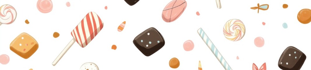 Hand-Drawn Cute Sweets, Lollipops, and Fairies Seamless Pattern in Pastel Colors for Nursery Art