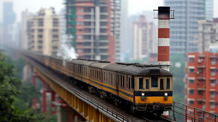 Naklejka premium A Train Travels Along an Elevated Track Surrounded by Urban Buildings in a Busy City Skyline During a Hazy Day
