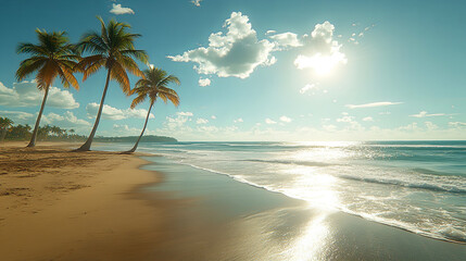 A Tranquil Beach Scene With Palm Trees and Gentle Waves at Sunset on a Sunny Afternoon in a Coastal Paradise