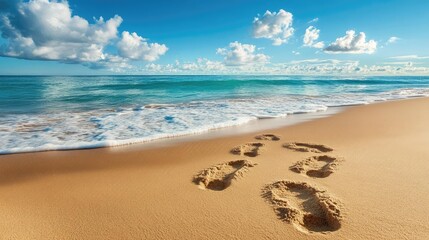 Footprints on golden sand beside a clear blue ocean, capturing the essence of a perfect beach day under a sunny sky.