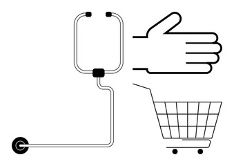 Stethoscope, hand, and shopping cart in minimalist style. Ideal for medical themes, consumerism, healthcare shopping, online health purchases, and clinic logistics. Clean and modern lines. Black