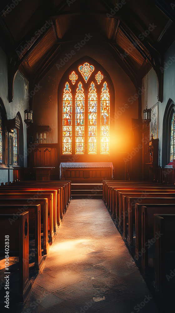 Poster Gospel Choir Singing in Traditional Church Illuminated by Stained Glass