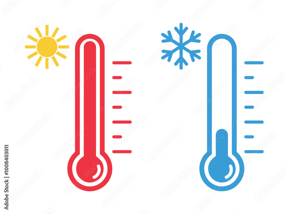 Wall mural thermometer vector icons with sun and snowflake. thermometer with sun and snowflake icon. hot and co