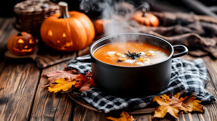 Eerie Halloween Soup in a Cauldron on a Wooden Table