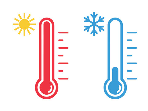 Thermometer vector icons with sun and snowflake. Thermometer with sun and snowflake icon. Hot and cold temperature scale for weather or freezer, isolated thermometer temperature symbols on transparent