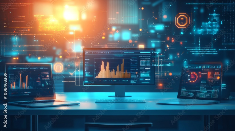 Poster futuristic data analysis with multiple computer screens