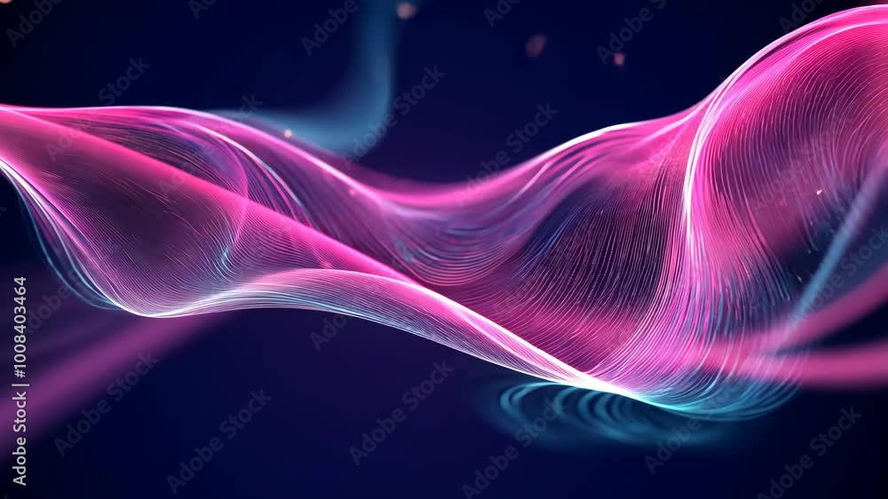 Poster pink and blue light waves flow across a dark background, creating an abstract and mesmerizing visual