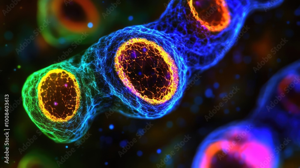 Poster Vibrant microscopic view of colorful cells, highlighting intricate structures and dynamic patterns in biological science.