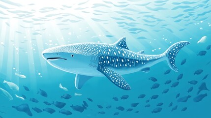 Fototapeta premium A whale shark swims through a school of fish in the ocean.