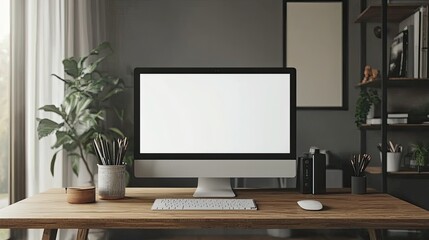 Mockup computer screen on wooden table in modern room. Workplace concept