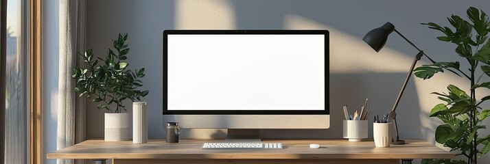 Mockup computer screen on wooden table in modern room. Workplace concept