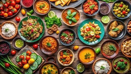 Colorful assortment of delicious meals arranged beautifully in a top view for food enthusiasts and bloggers