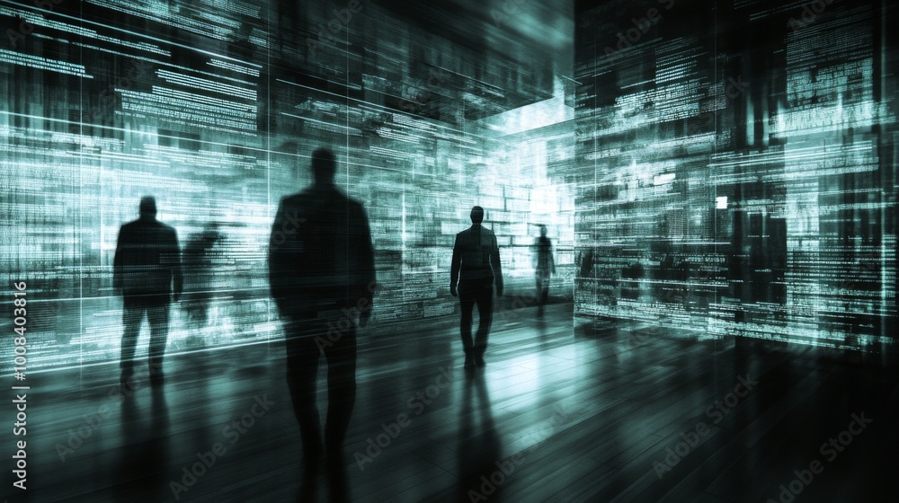 Poster digital figures in a futuristic data environment