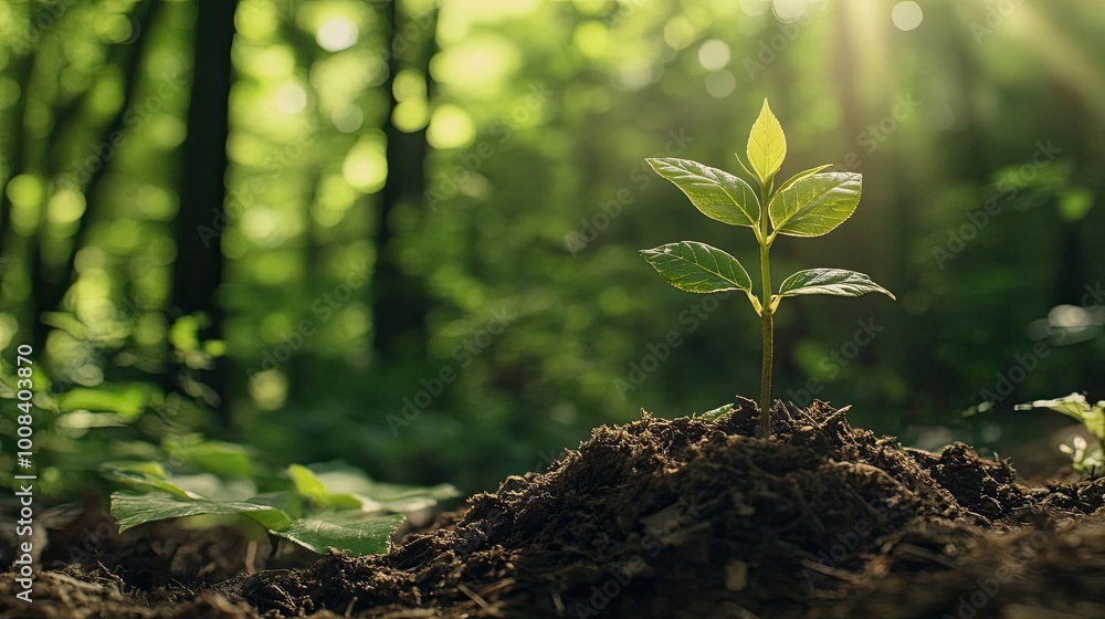 Poster a fresh green seedling emerging from rich soil, illuminated by soft sunlight in a serene forest sett