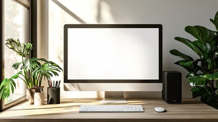 Mockup computer screen on wooden table in modern room. Workplace concept