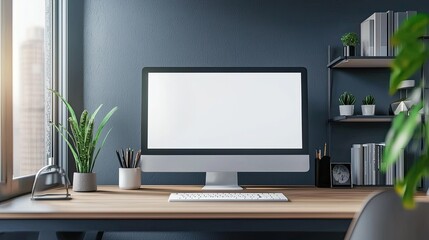 Mockup computer screen on wooden table in modern room. Workplace concept